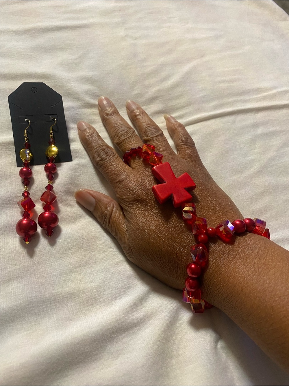Handmade Red Cross Glass Beaded Bracelet and Earring Set - Women Jewelry